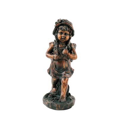 XBrand 24" H Faux Bronze Magnesium Oxide Walking Girl Garden Statue w/Small Flower Plant Pot, Natural Design Sculpture