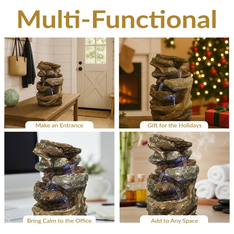 Sunnydaze Tiered Rock and Log Tabletop Fountain with LED Lights - 10.5-Inch