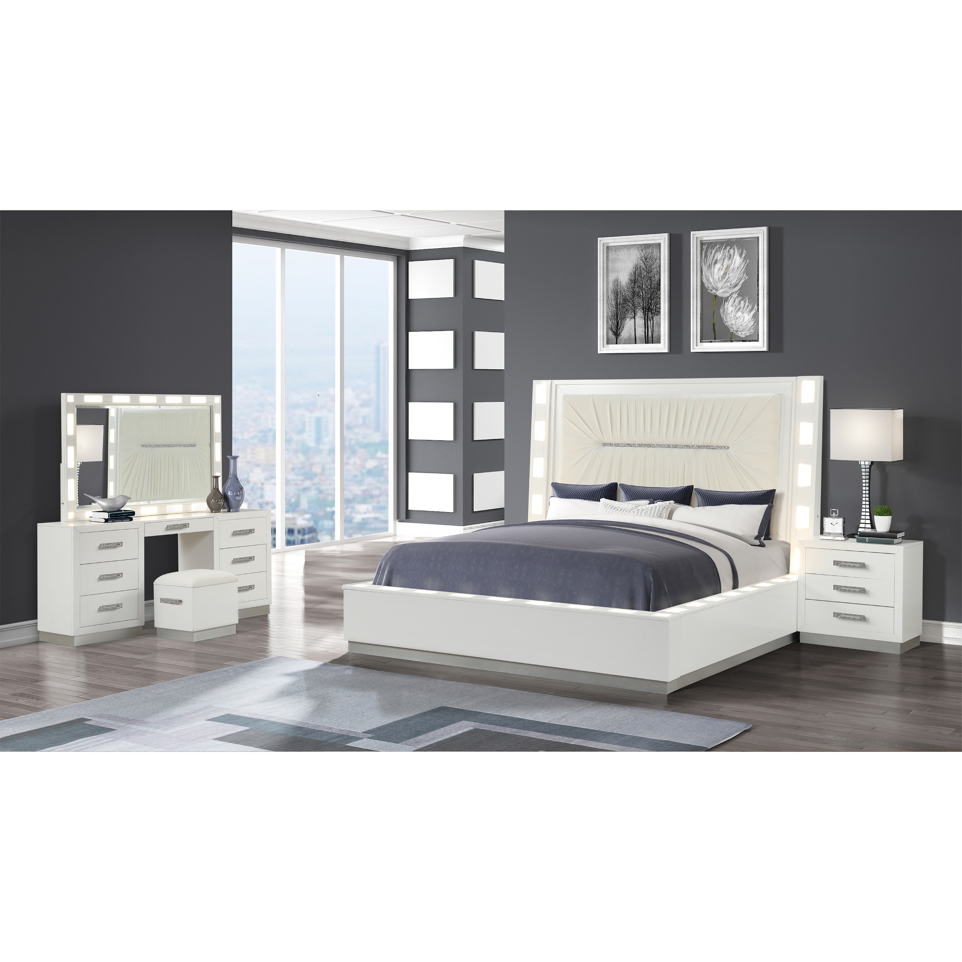 Coco Americana Style 4PC/5PC Vanity Bedroom Set Made with Wood & Bult in LED