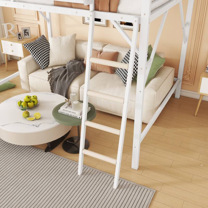 Full Size Metal Loft Bed with Ladder and Storage Shelves, High Loft Bed for Kids and Teens, White