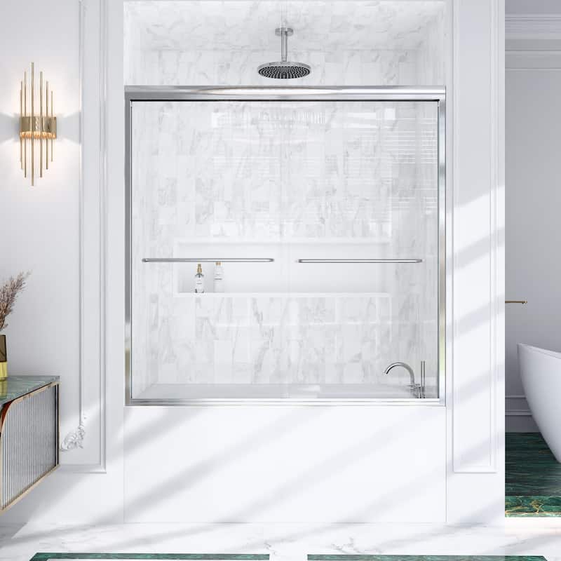 GDFStudio - Modern Minimalist Semi-Frameless Double Sliding Shower Door with 1/4" SGCC Tempered Glass & Stainless Steel Handle - 56"-60"W x 60" H - Chrome