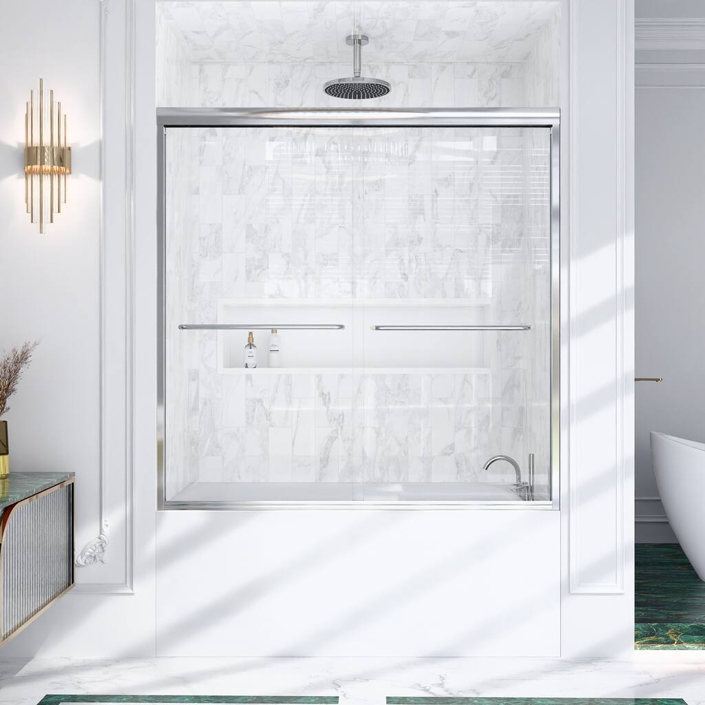 GDFStudio - Modern Minimalist Semi-Frameless Double Sliding Shower Door with 1/4" SGCC Tempered Glass & Stainless Steel Handle