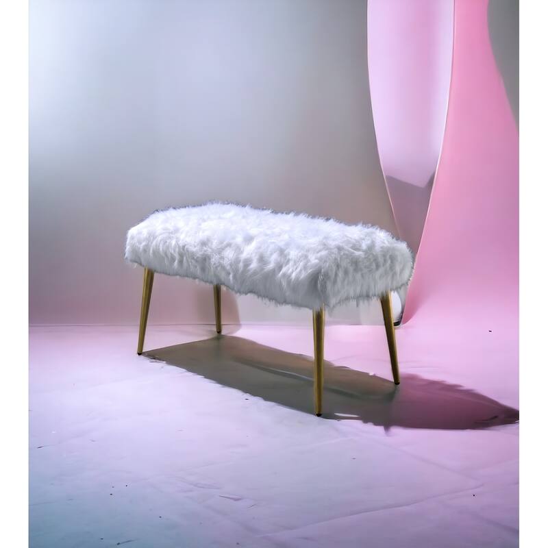 Bagley II White Faux Fur & Gold Finish Bench