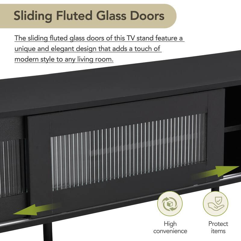 Black TV w/ Sliding Fluted Glass Doors & Front Slanted Drawers