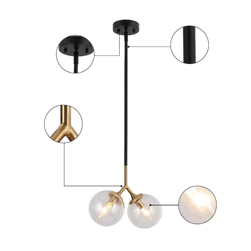 Marsie Mid-Century Modern 2-Lights Pendant Chic Orb Hanging Lights Globe Glass Kitchen Island Bedroom - L 12" x W 5.5" x H 73.5"
