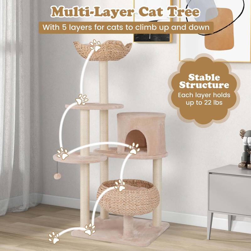 Costway 58" Cattail Cat Tower with Sisal Scratching Posts Perch Basket - See Details