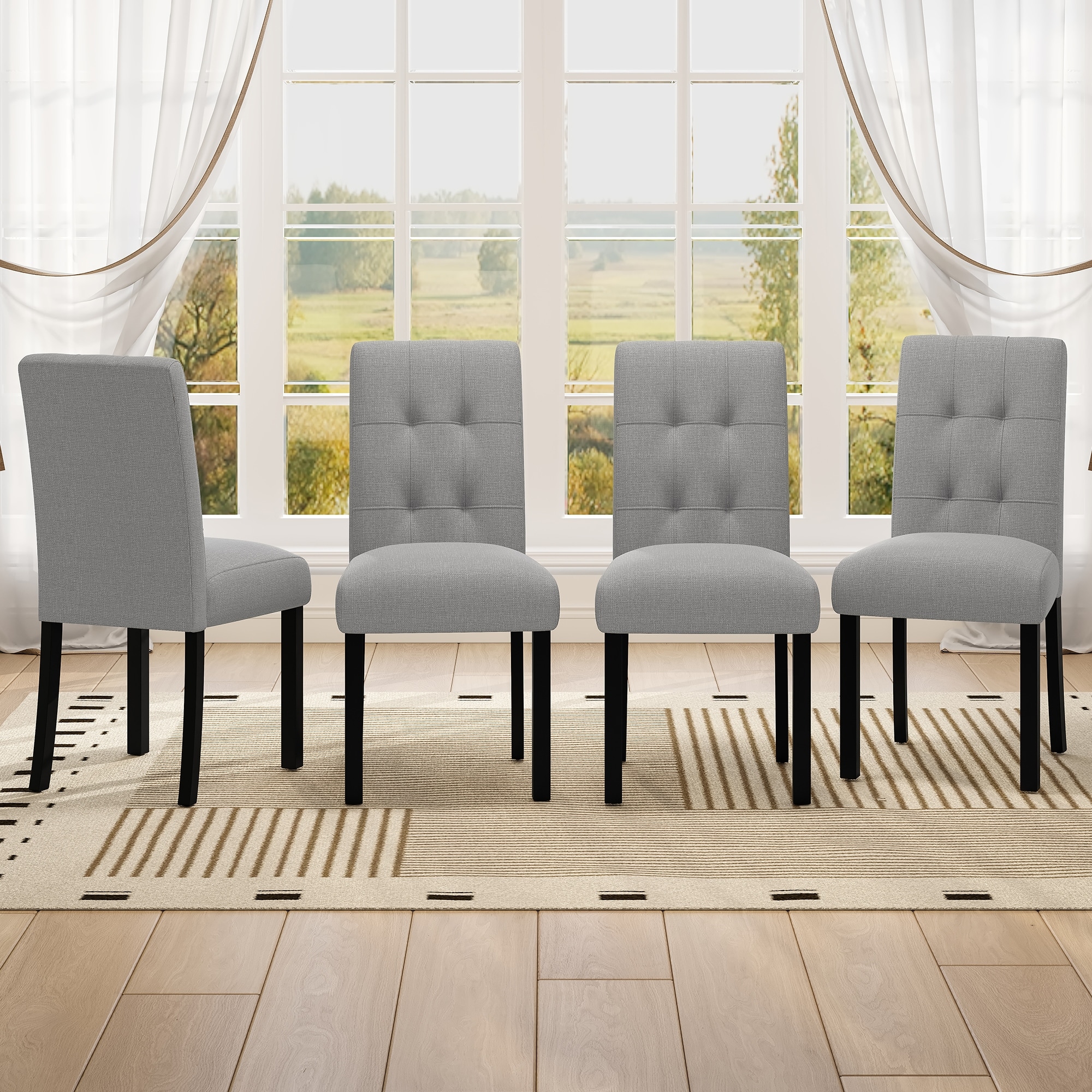 4 Piece Modern Tufted Dining Chair, Rustic Linen Upholstered with Black Rubber Wood Legs, Upholstered Accent Chair