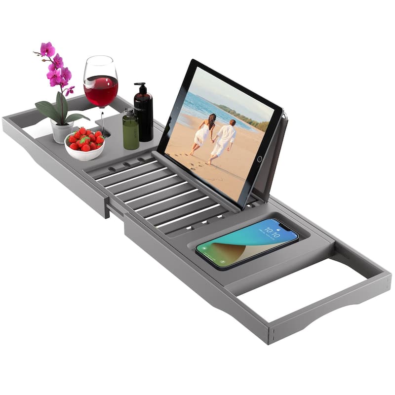 Bathtub Tray for Tub - Adjustable Bamboo Bath Tray for Tub - Collapsible Bathtub Caddy Bath Tub Tray Wood - Bath Accessories - Grey