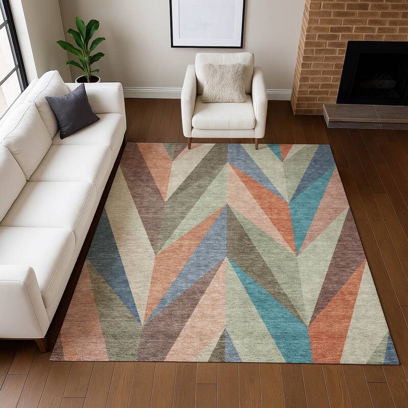 Machine Washable Indoor/ Outdoor Modern Chevron Chantille Rug