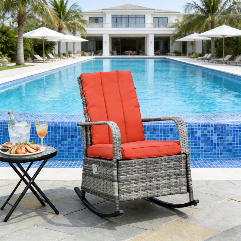 GDFStudio - Oliver Outdoor Rocking Rattan Recliner Designed for Deep Relaxation - Brown,Red - Rocking Chair