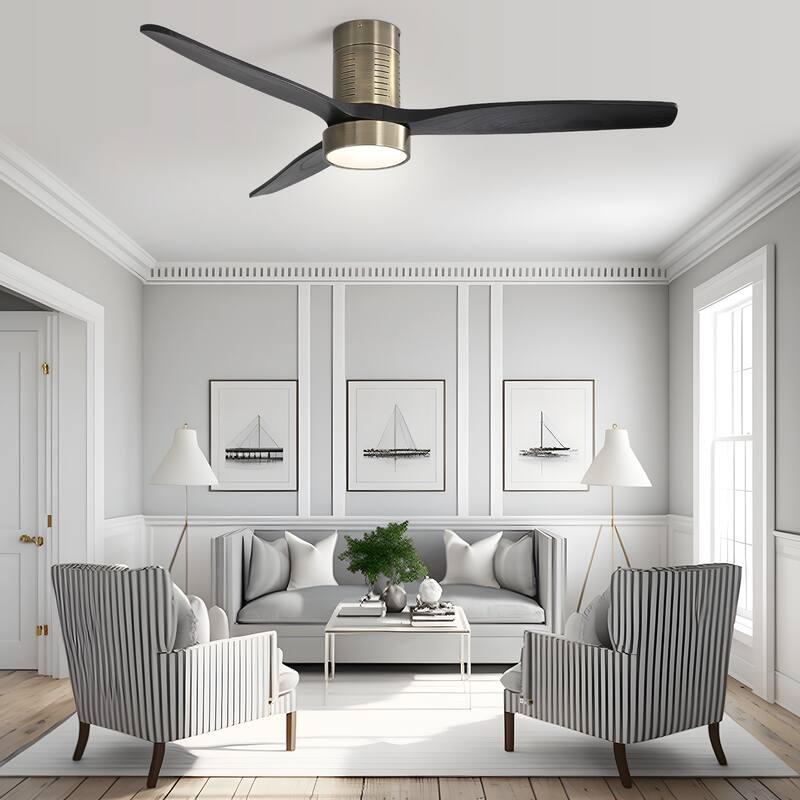 52" Flush Mount Wood Ceiling Fan with Dimmable LED Light and Remote Control