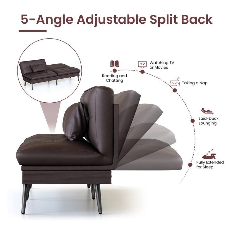 Grondin Convertible Futon Sofa Bed, 5-Angle Adjustable Backrest Sleeper Couch with 2 Pillows, Modern Style Recliner Lounge