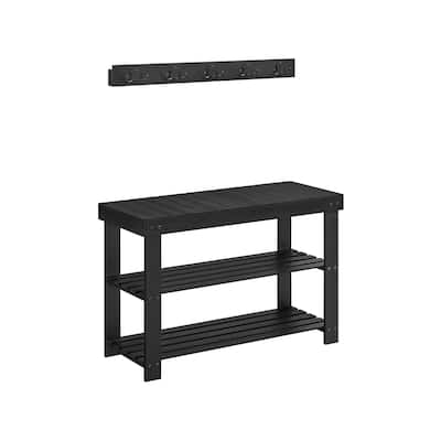 4-in-1 Wicker Hall Tree with Bench and 2 Bottom Shelves 5 Double Hooks for Bags and 3 Pairs of Shoes - 11.3"D x 27.6"W x 17.8"H