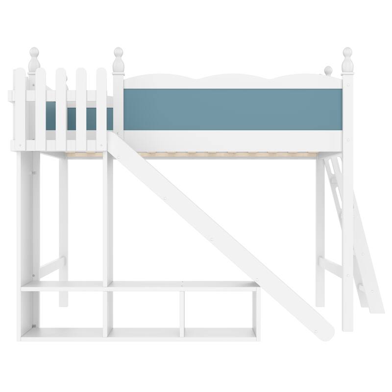 Fun Play Loft Bed for Kids with Open Shelves and Wardrobe, Solid Wood Storage Bed Frame with with Detachable Slide and Ladder