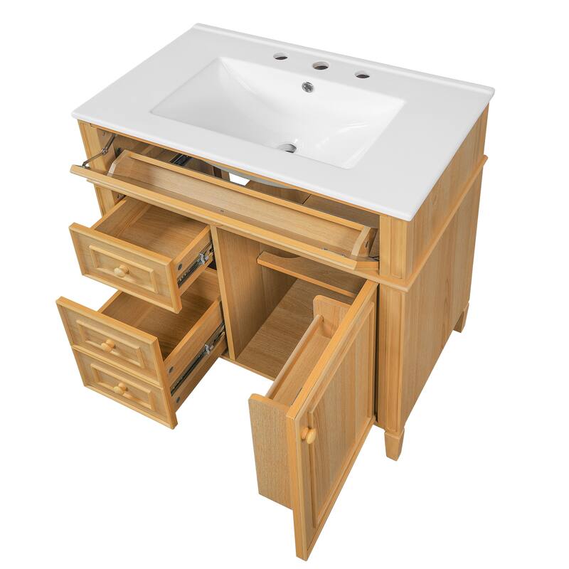 30" Bathroom Vanity with Ceramic Sink, Solid Pine Wood Frame Freestanding Vanity - 30inches