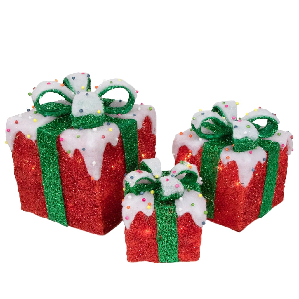 Set of 3 Lighted Snow and Candy Covered Sisal Gift Boxes Christmas Outdoor Decorations - 11.75"