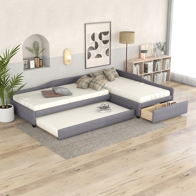 L Shaped Daybed with Trundle, Double Twin Linen Upholstered Sofa Bed Frame w/Storage Drawer, 3 Beds in One, No Box Spring Needed