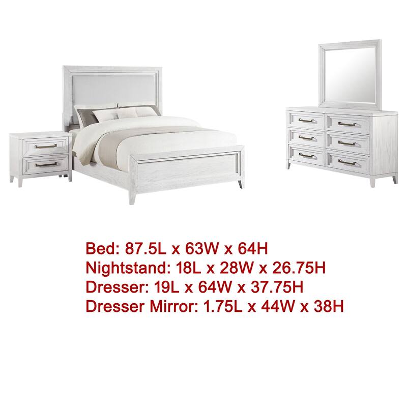 Leva 4pc Queen Bed Set with Dresser and Mirror, Distressed White