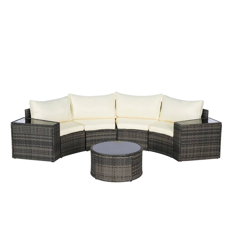 7-Piece Outdoor Patio Half-Moon Sectional Sofa Set with Tempered Glass Coffee Table