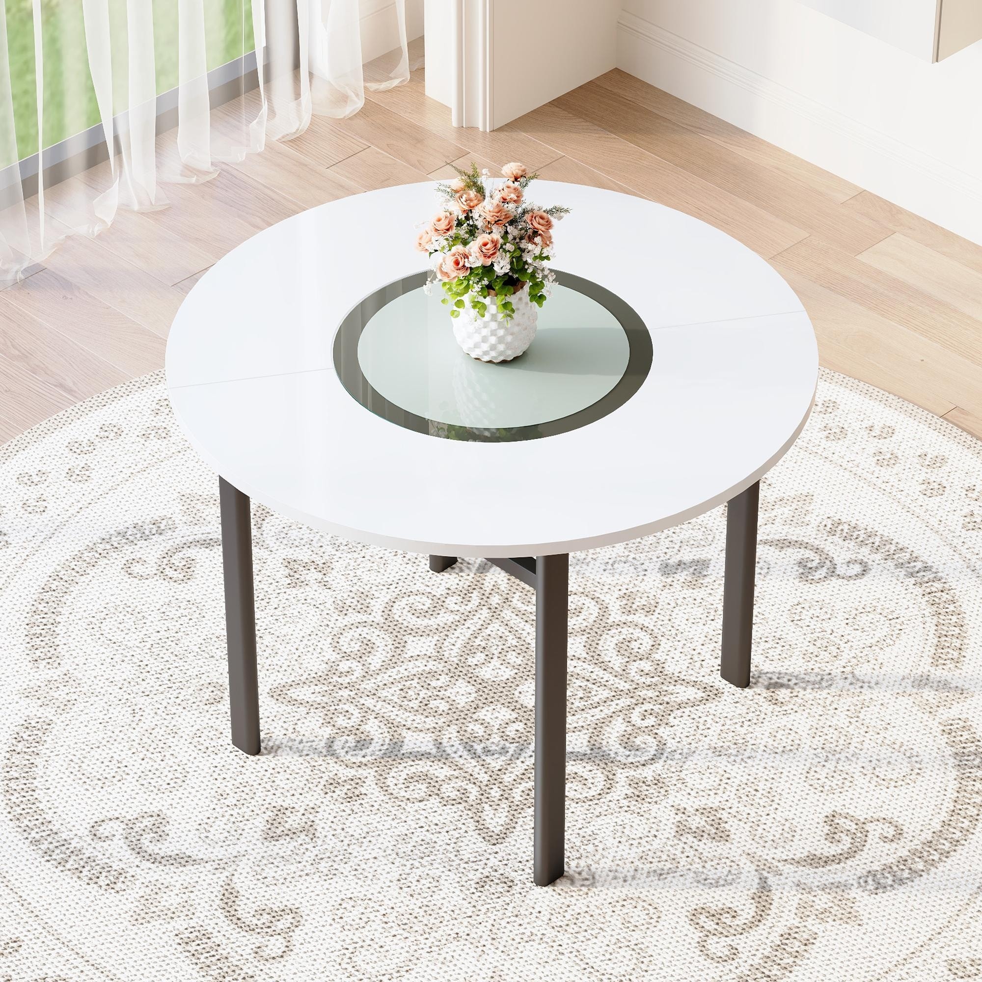 42 Inch Modern Minimalist Desktop Round Dining Table Suitable For 4-6 People (Glass Inlay+Metal Stable Bracket)