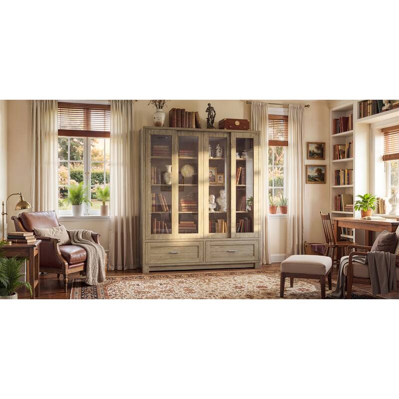 63" Glass Display Cabinet 4 Door China Cabinet Bookshelves Large Curio Cabinet