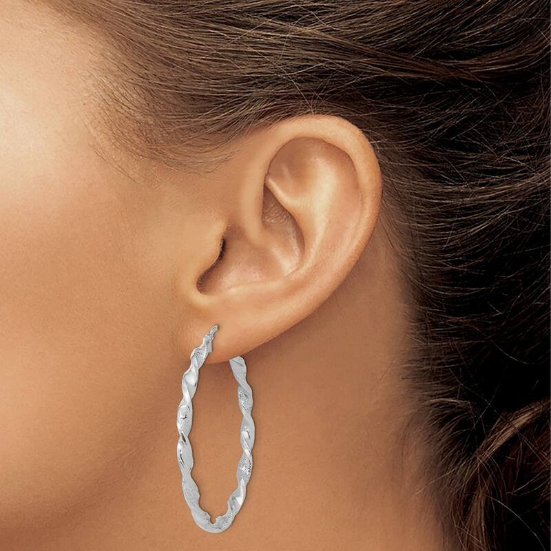 Curata 14k White Gold Polished and Textured 42.5x3mm Twisted Hoop Earrings