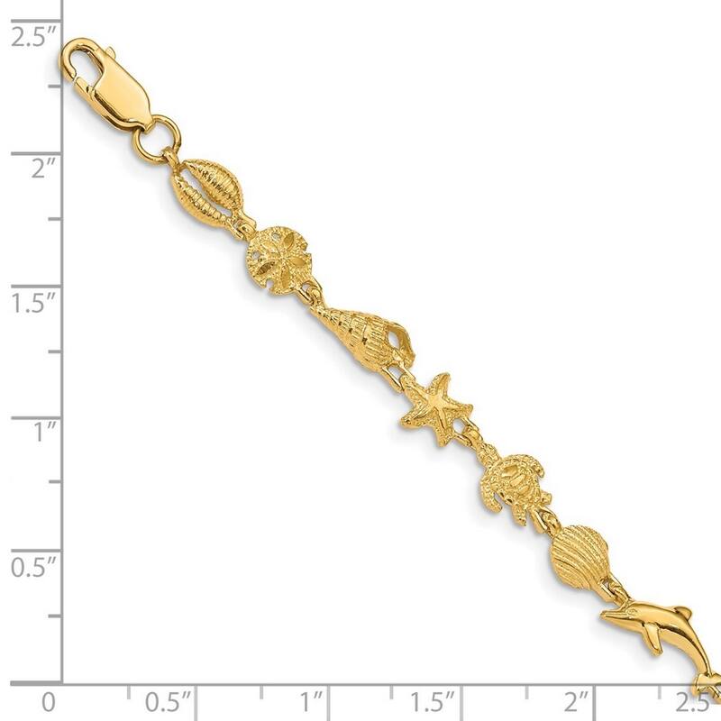Curata 14k Yellow Gold Open back Lobster Claw Closure Polished and Textured Sealife Bracelet 7.25 Inch