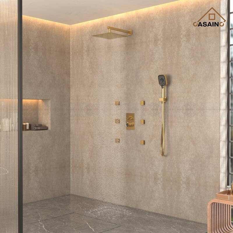 Wall Mount 12 Inch Rainfall Shower Head 3 Function Thermostatic Shower System with 6 Body Jets