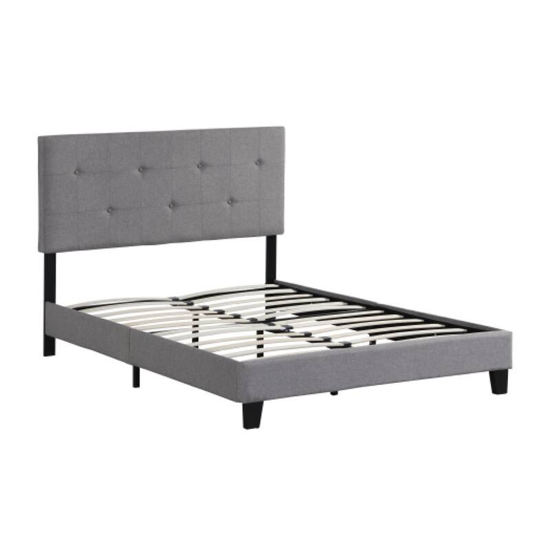 Modern Button platform bed Gray queen headboard Linen bed slats