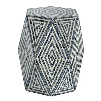 14 in. Blue and White Octagon Wood End Table, Sturdy Build End Side Table for Living Rooms