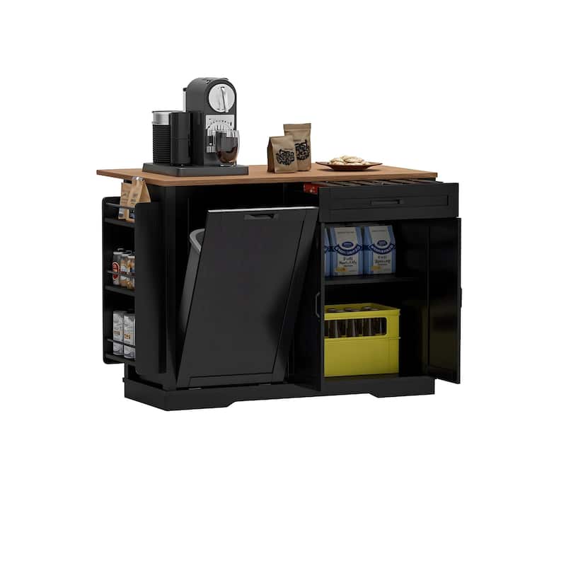 Moasis 50 Inch Drop Leaf Rolling Kitchen Island With Trash Can Storage Cabinet And Drawer