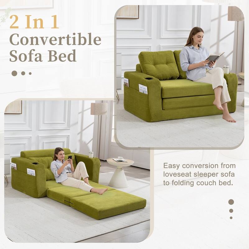 HOMEFUN 2 in 1 Convertible Sofa Bed,Corduroy Upholstered Compressed Sofa Bed for Living Room