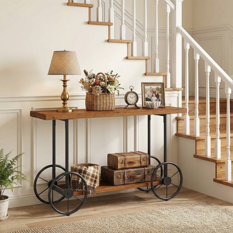 2-tier Solid Wood Console Sofa Table with Storage Shelves