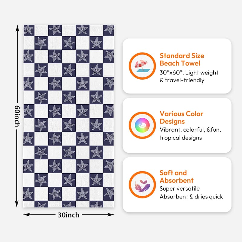 Starfish Checkered Beach Towel, Lightweight Quick Dry Swimming Towel 30"x60"