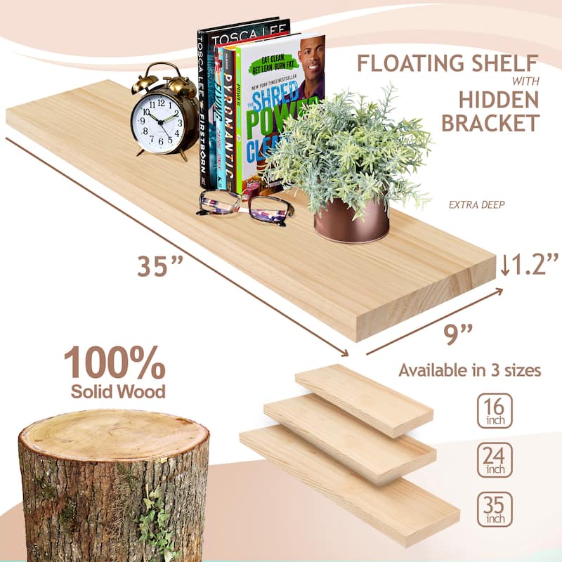 Solid Wood Floating Shelves for Wall - Long Wooden Wall-Mounted Shelves - 9” L X 35"W X 1.2” H