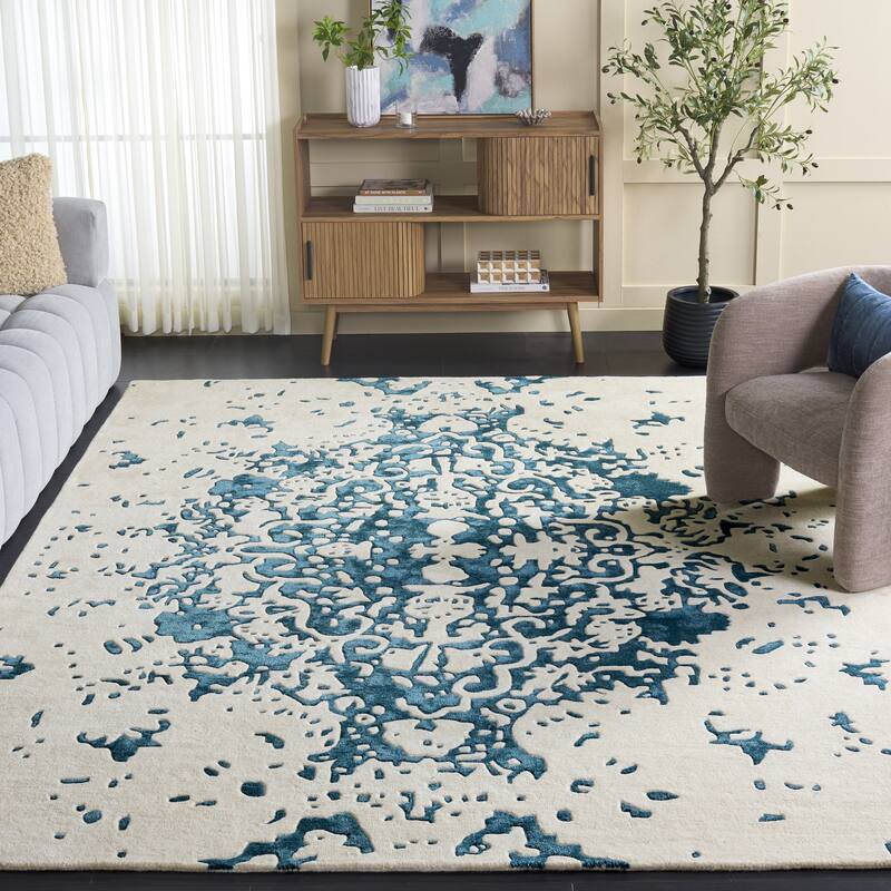 SAFAVIEH Handmade Fifth Roselette Avenue Modern Abstract Wool Rug - 8' x 10' - Teal/Ivory