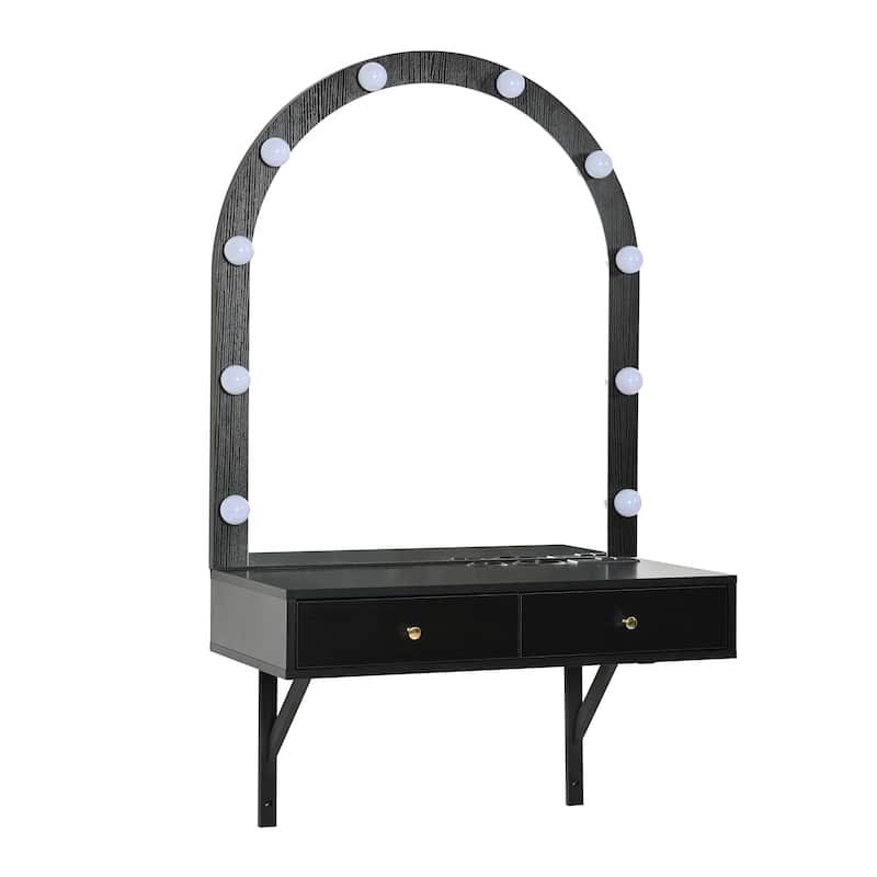 Floating Makeup Vanity with Mirror,3-Color Lights and Power Outlet