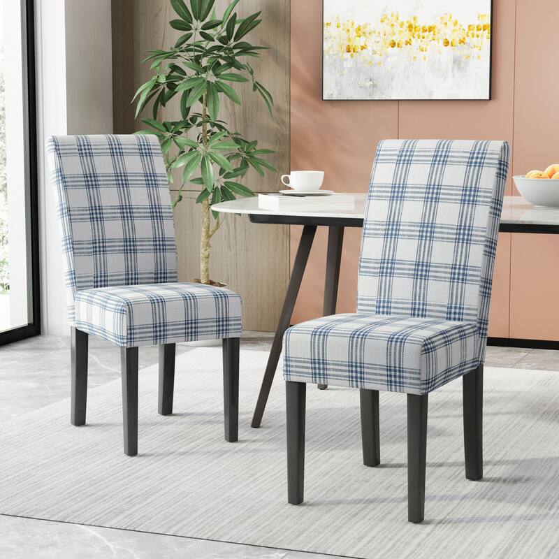 Fabric Dining Chair Set of 2, Upholstered Living Room Chair, No Arms Side Chair High-Back Accent Chair with Wood Legs - Blue+Cream