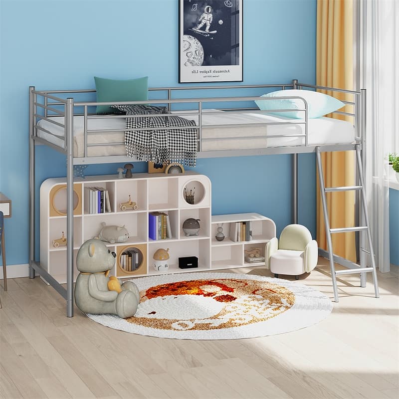 Junior Metal Twin Loft Bed With Guard Rails And Stairs