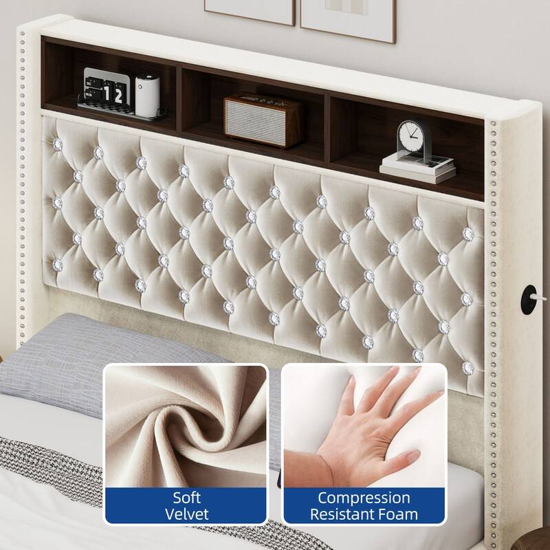 Moasis King/Queen Size Velvet Upholstered Bed Frame with Storage Headboard with USB Charging Stations