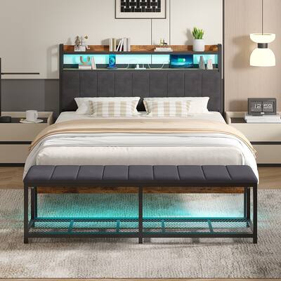 Javlergo Bed Frame with Bench, Bedframes with Charging Staions, Headboard and Storage Bench, LED Lights and Storage Shelves