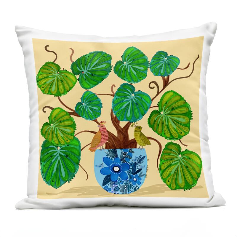 Stupell Potted Plant & Birds Perched Printed Outdoor Throw Pillow Design by Kay Widdowson - Accent - Polyester - Green - Single