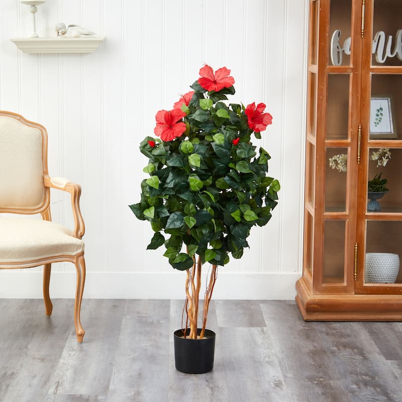 Artificial Hibiscus Tree 4ft - Indoor Outdoor Decorative Plant, Realistic Faux Tree for Home Office Decor - 4ft.