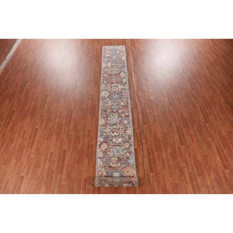 Hand Knotted Oriental 100% Wool Carpet Transitional Floral Multi-Colored Oushak Runner Rug - 19' 5'' X 2' 4''