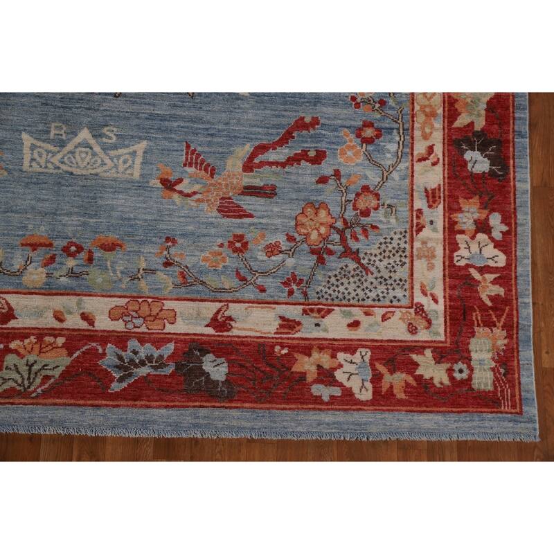 Hand Knotted Oriental 100% Wool Carpet Traditional Floral Navy Blue & Blues Art Deco Area Rug - 11' 8'' X 8' 10''