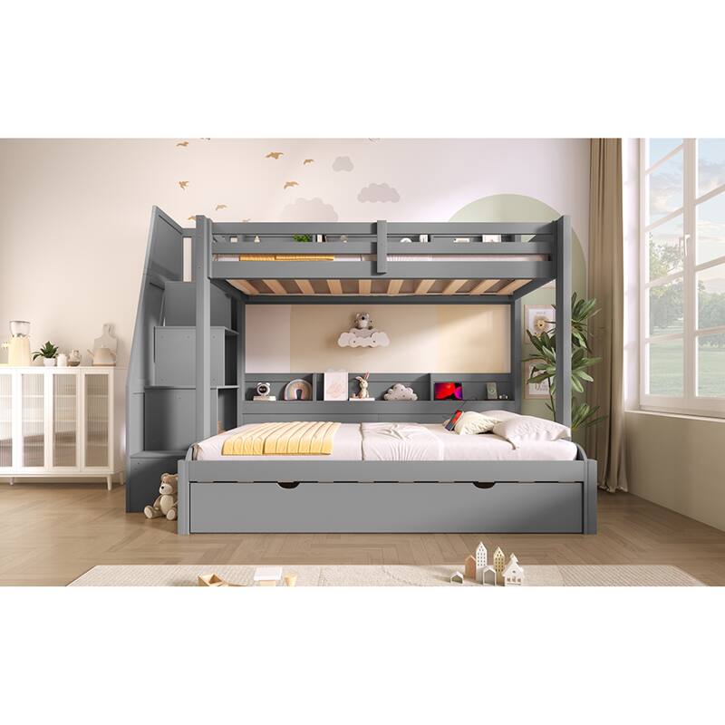 Roomfitters Twin Over Full Bunk Bed with Storage Staircase, Trundle, LED and USB