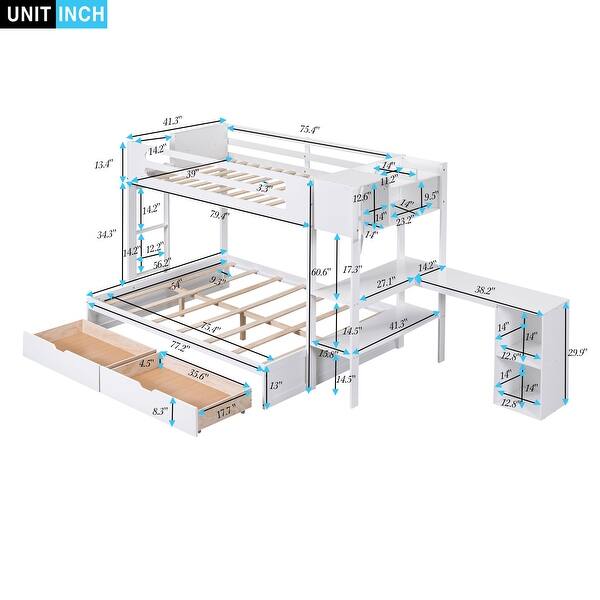Pine Wood Twin over Full Bunk Bed with Shelves, Desk and Drawers