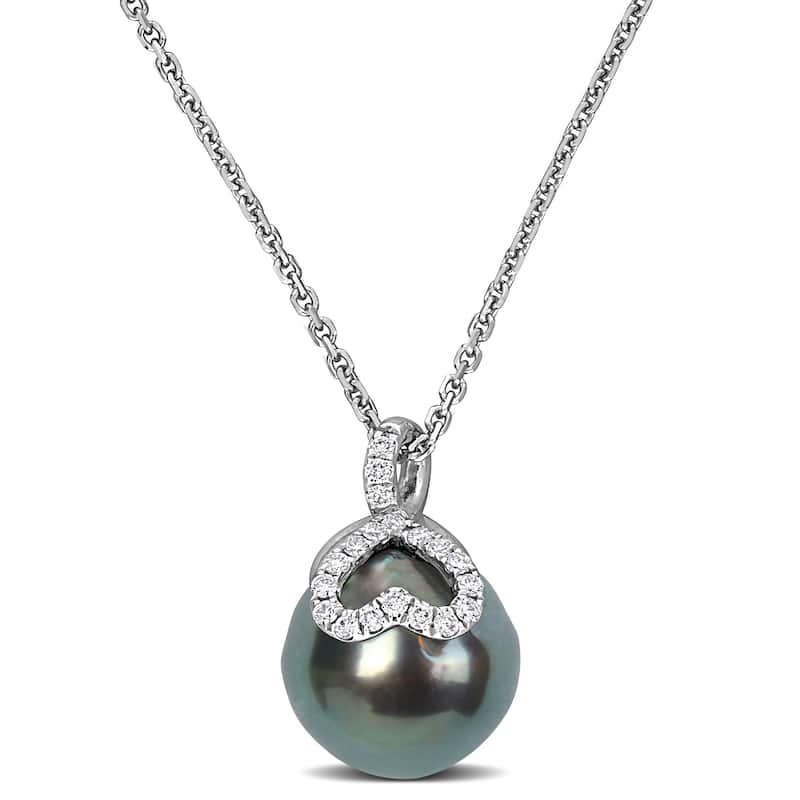Miadora Cultured Tahitian Pearl 1/10ct Diamond Heart Necklace in 14k White Gold