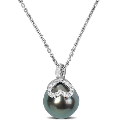 Miadora Cultured Tahitian Pearl 1/10ct Diamond Heart Necklace in 14k White Gold