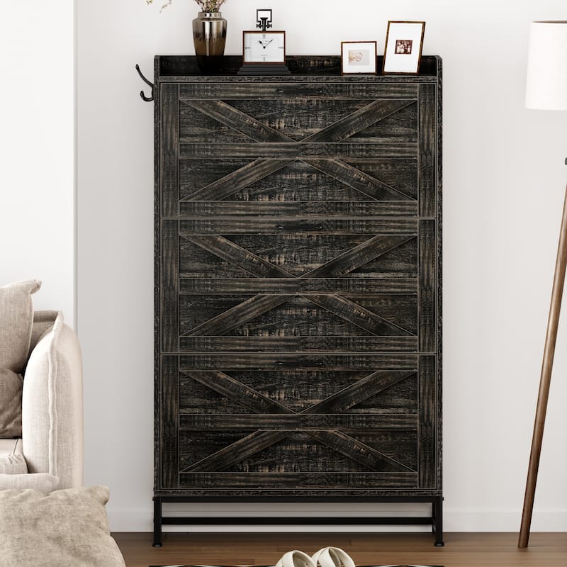 Anmytek Industrial Farmhouse 3 Drawer Shoe Cabinet with Adjustable Legs and Anti Tip Kit - Black